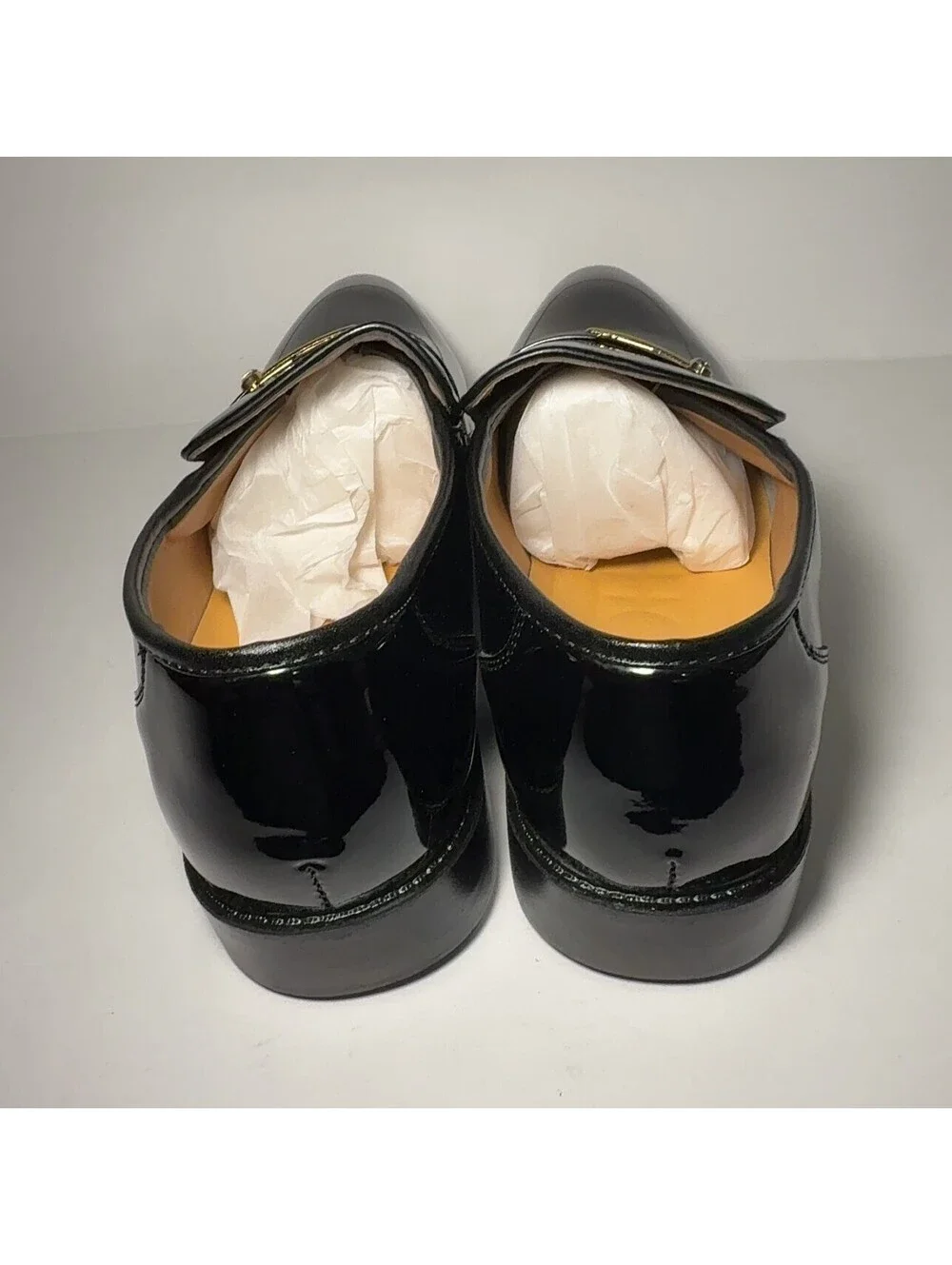 Mens Black Patent Fashion Loafers Gold Tone Metal Bar Accent Shoes 43